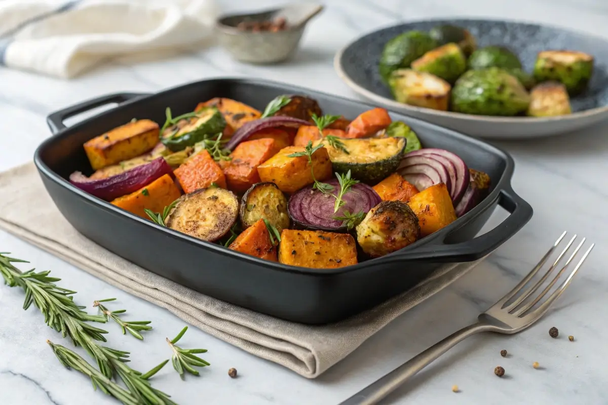 A black baking dish filled with roasted vegetables including squash, zucchini, and red onion.