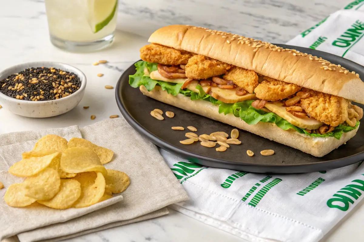 A long sub sandwich topped with crispy chicken, lettuce, and sauce sits on a black plate.